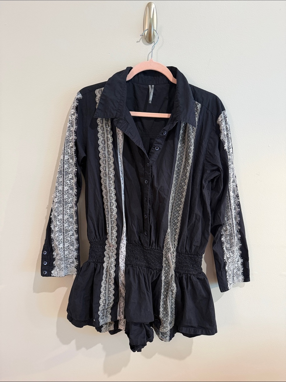 Anthropologie Black Romper with White Lace Stripes